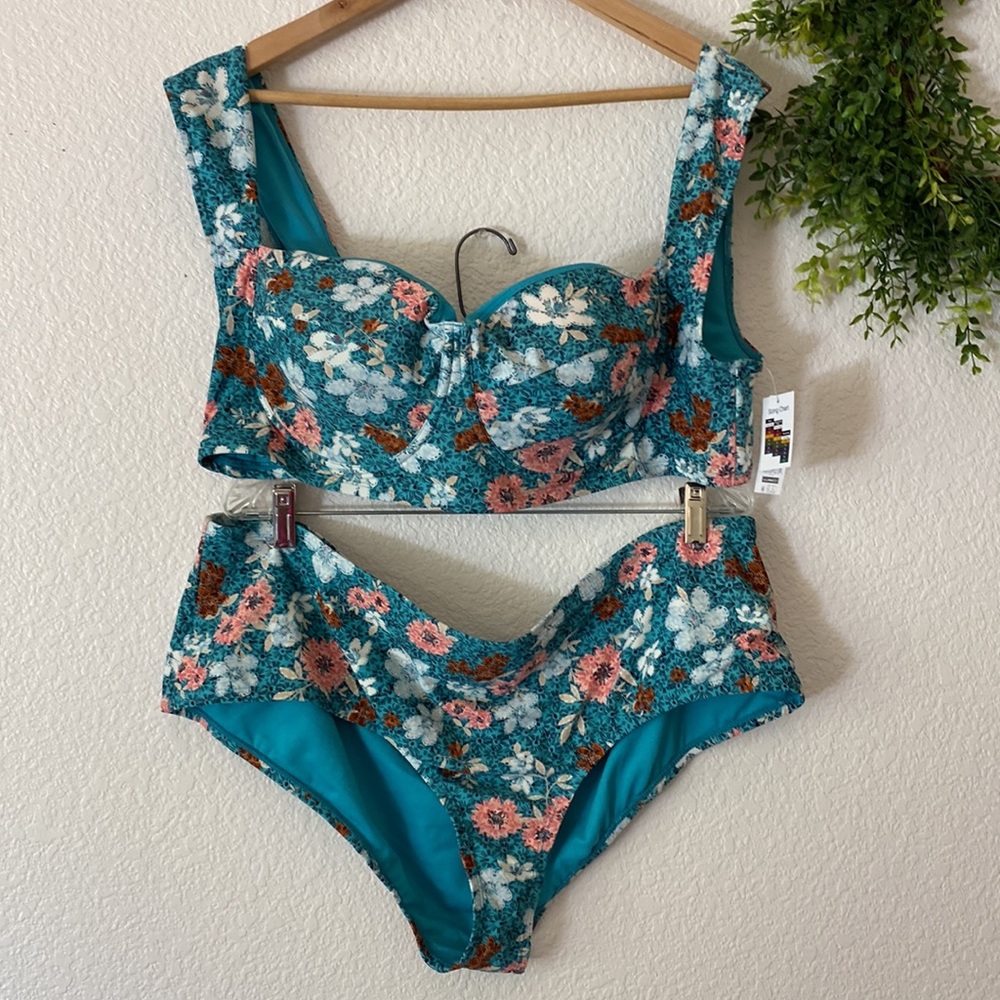 Time and Tru Teal Blue Floral Bikini